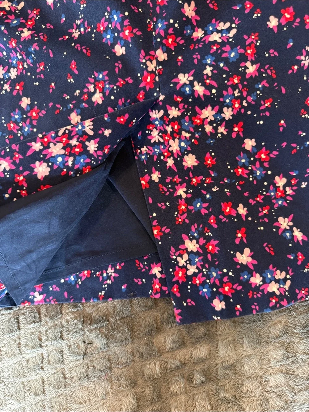 J. Crew Navy Pencil Skirt with Pink Floral Print